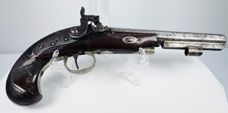 Detailed side profile of Fenton percussion pistol showing hammer, trigger guard and walnut stock