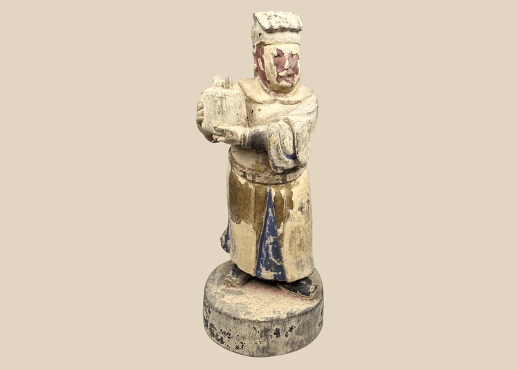 Antique Chinese polychrome wooden attendant figure with offering vessel