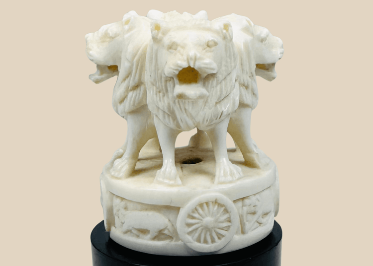 Indian Lion Capital of Ashoka miniature carving on an ebonized wood base