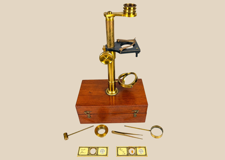 Victorian brass field-type dissecting microscope circa 1860–1880 with mahogany storage case, scientific accessories and antique entomological slides.