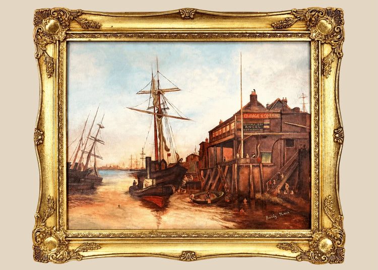 Original 1990 oil painting by Emily Muse titled The Famous Angel, Rotherhithe, depicting London's historic River Thames waterfront in an ornate gilt frame.