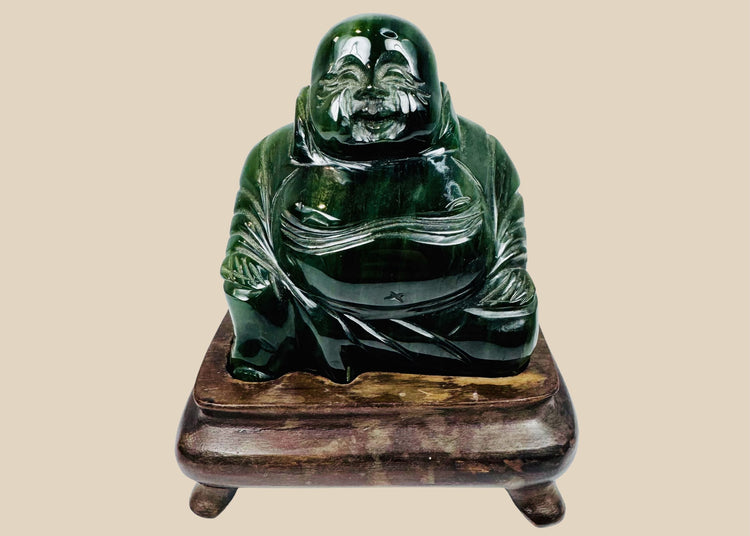 Chinese carved dark green hardstone Budai Laughing Buddha figure on fitted hardwood stand