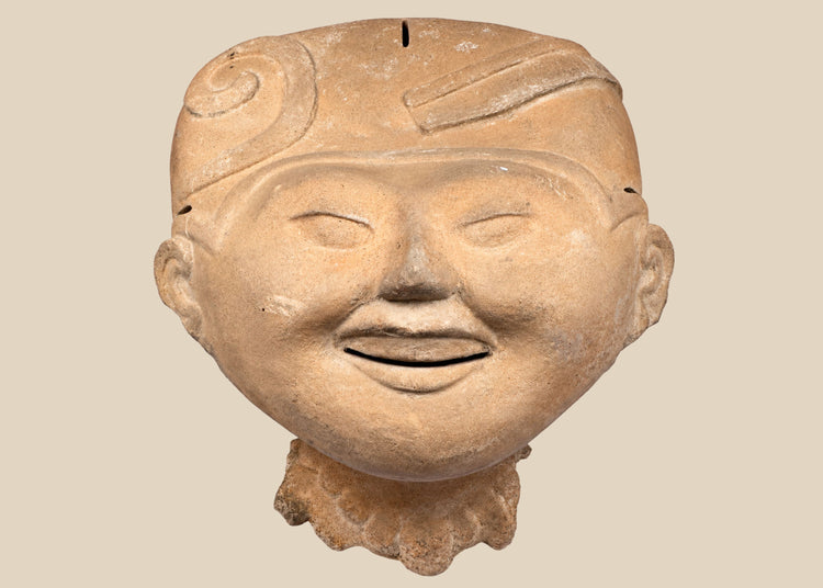 Pre-Columbian Veracruz Sonriente smiling face terracotta head with scroll-motif headdress, circa 600–900 CE