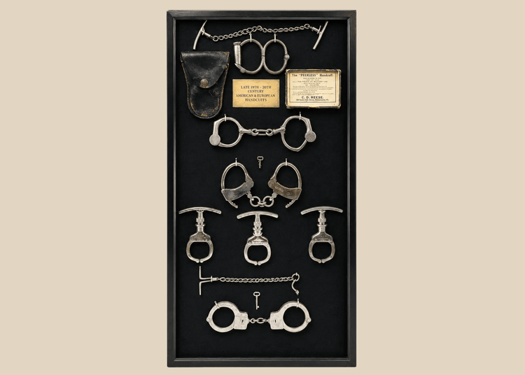 Framed shadow box display featuring a chronological collection of American and European handcuffs, leg irons, mechanical nippers, chain restraints, keys, and original leather pouches, mounted on black fabric with synthetic plaque, showcasing restraint devices from circa 1880s to 1950s.
