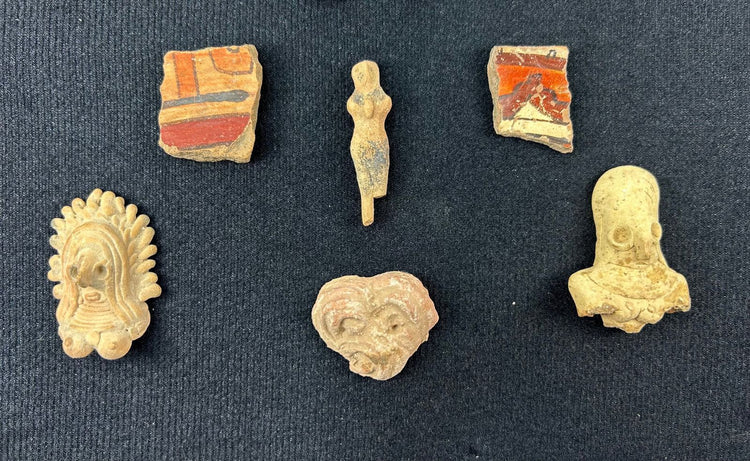 Assortment of Pre-Columbian figurines and ceramic relics mounted inside a display case