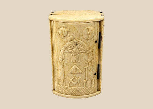 Freemason carved bone snuff box with Square and Compasses, All-Seeing Eye, and celestial motifs