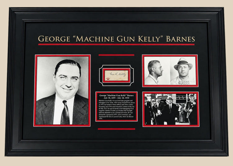 Complete black framed exhibit of George Machine Gun Kelly Barnes antiques including autograph and photos