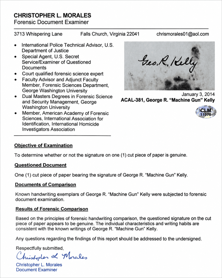 Forensic authentication report for George Machine Gun Kelly Barnes signature by Christopher L. Morales