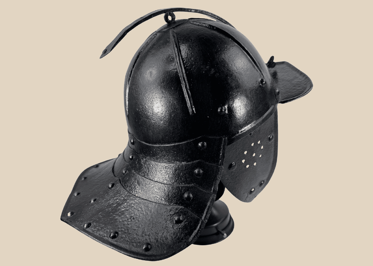 Authentic mid-17th century forged iron military helmet with black painted finish, adjustable nasal bar, and articulated neck guard.