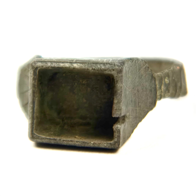 Ancient bronze finger ring with large hollow square bezel and broad shoulders, Late Roman to Early Byzantine period