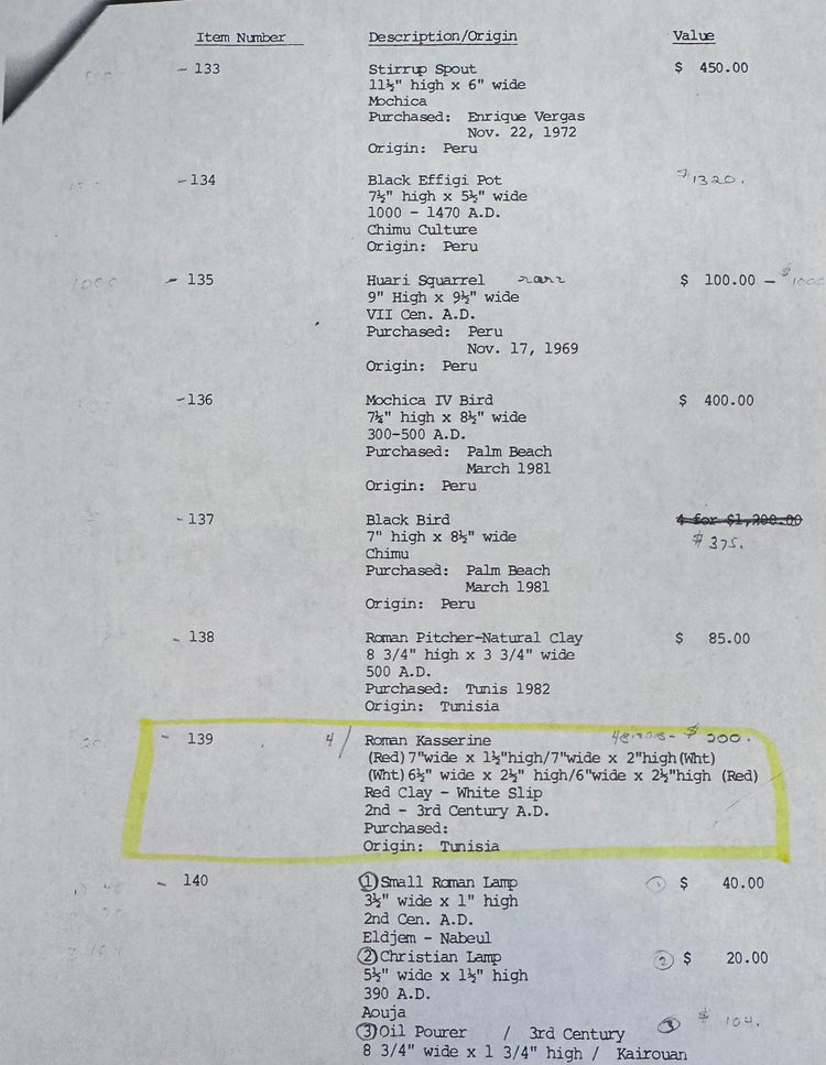 Original McMillan Collection inventory records and valuation documentation accompanying the Ancient Roman North African terracotta Kassérine bowls.