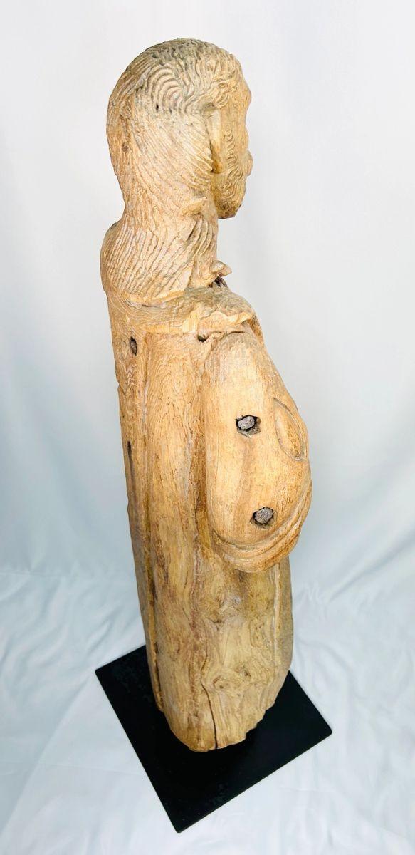 41-inch carved wood religious statue with beard, robes, and aged patina on iron base, European devotional art circa 16th–18th century.