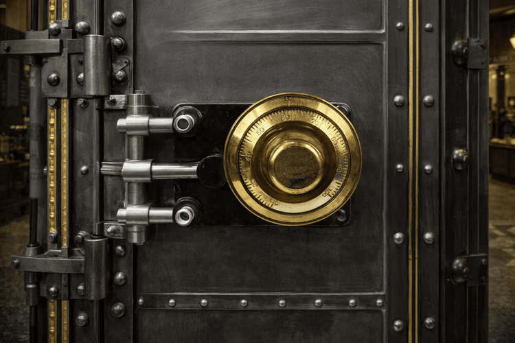 Antique bank vault door with brass combination dial and steel locking bars, showcasing early safe security engineering