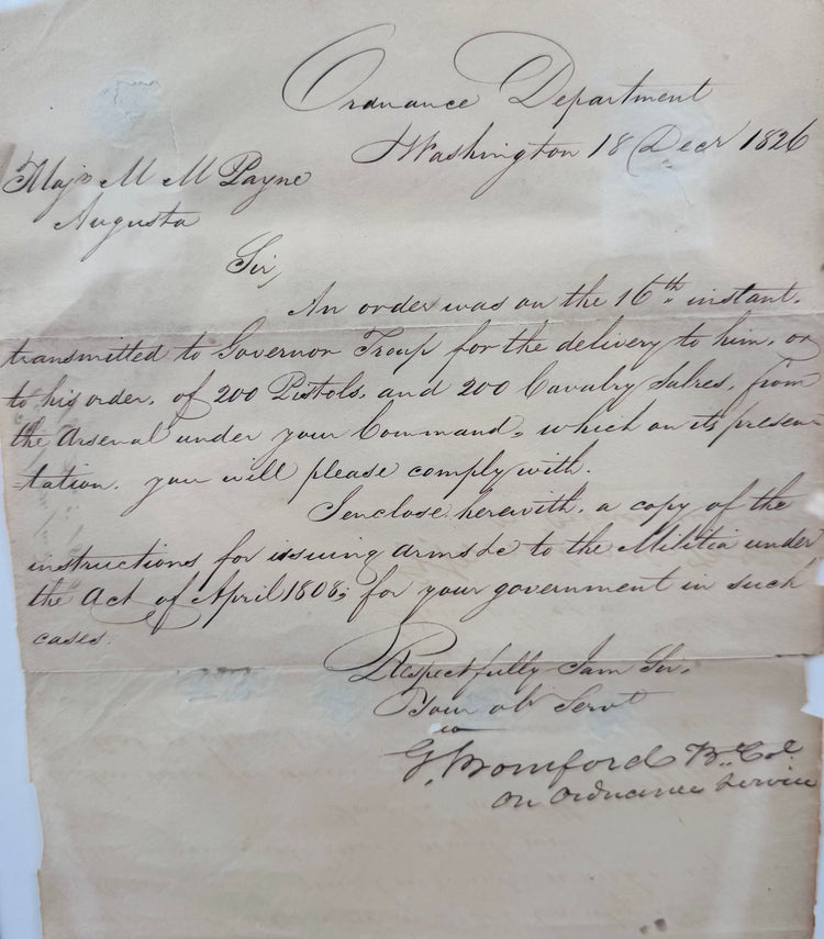 George Bomford handwritten ordnance letter addressed to Major Mathew Mountjoy Payne