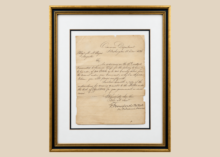 Framed 1826 United States Ordnance Department letter signed by George Bomford