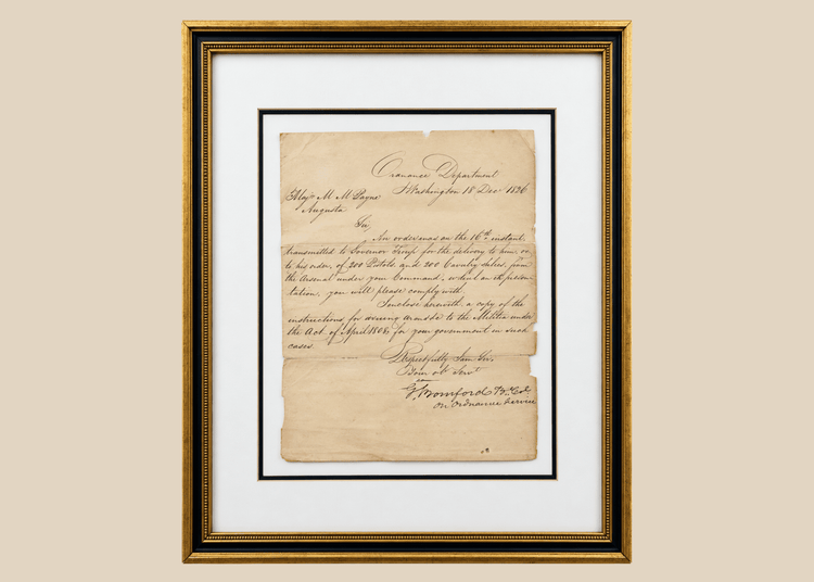 Framed 1826 United States Ordnance Department letter signed by George Bomford