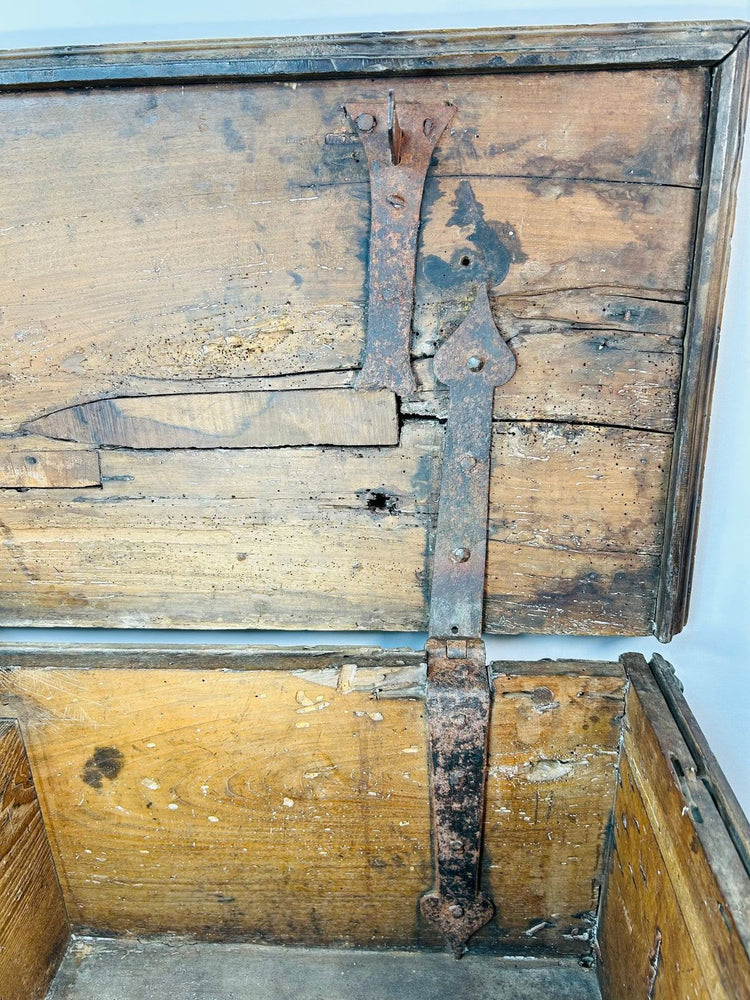 16th–17th century Italian carved wooden marriage chest with symbolic imagery and aged patina