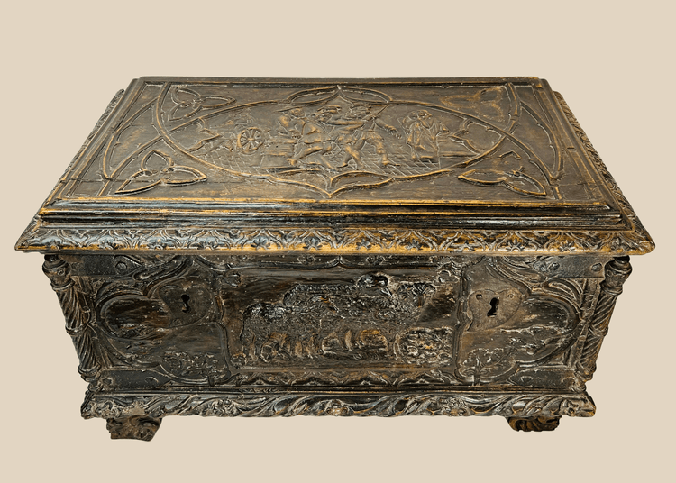 Renaissance Italian cassone chest with hand-carved figural and foliate panels, circa 16th–17th century