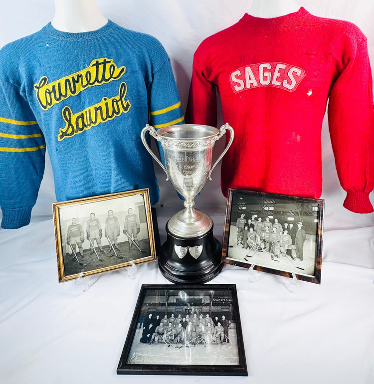 Complete wartime Montreal hockey archive including championship trophy, sweaters, badges, and photographs