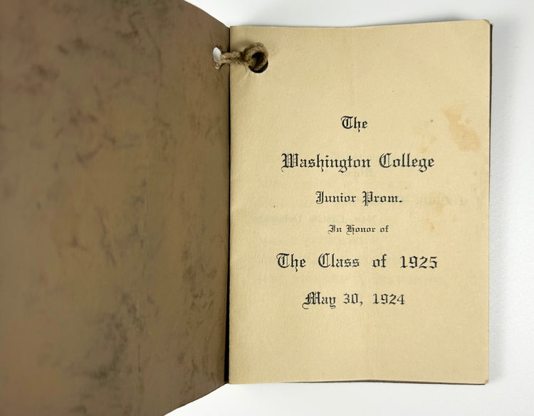 Early 20th century Washington College prom dance card booklet with handwritten partner names and pencil