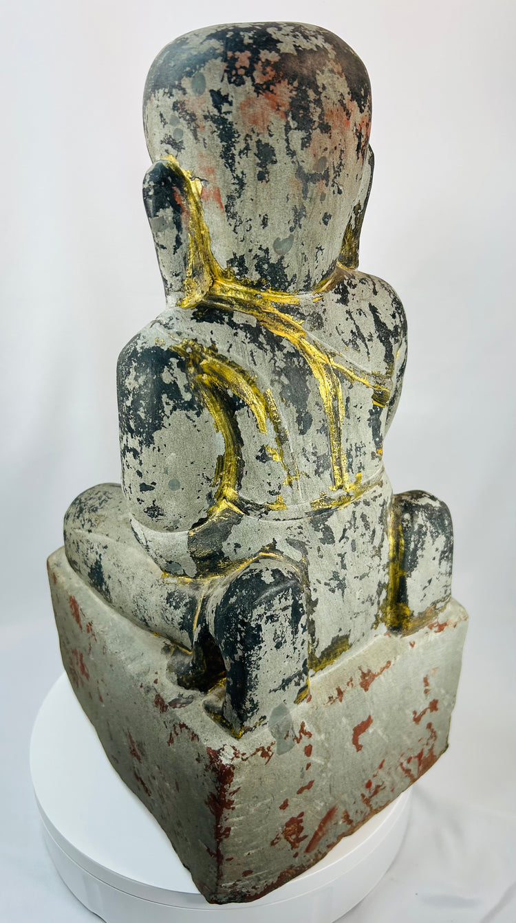 19th century Burmese Mandalay style carved wooden devotee statue with prayer gesture.