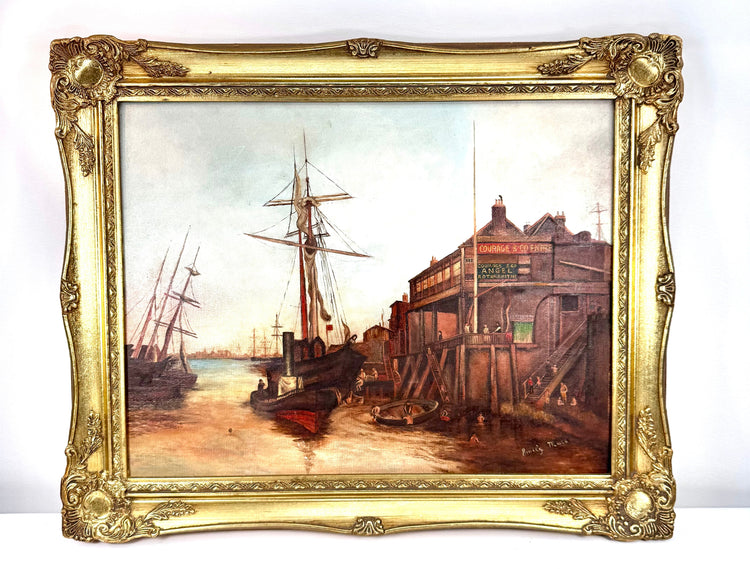 Signed Emily Muse maritime oil painting featuring the historic Angel Public House, sailing vessels, and traditional riverside architecture in London.