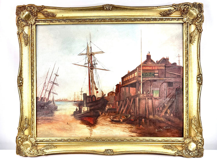 British maritime oil painting depicting historic Thames sailing ships, working boats, wooden staircases, and figures along the Rotherhithe waterfront.