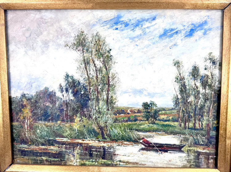 Antique-style river landscape painting featuring expressive brushwork, natural greenery, and a solitary boatman navigating calm waters.
