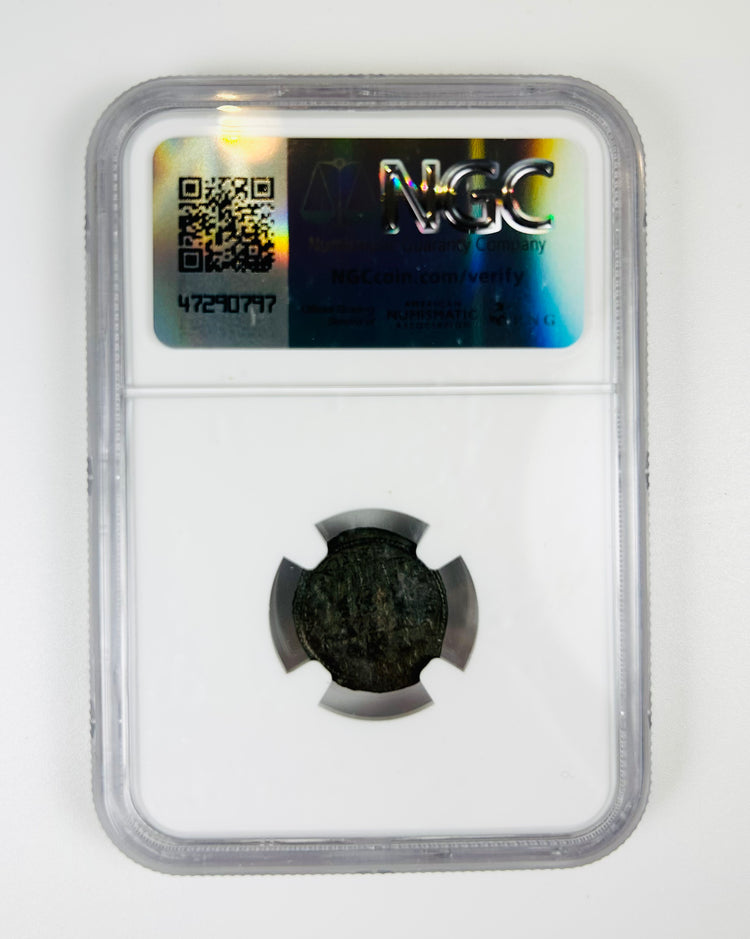 Authentic Roman Imperial bronze coin of Constans from the Constantinian dynasty, AE4 nummus preserved in NGC certified case.
