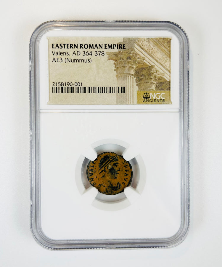 Late Roman Empire bronze coin depicting Emperor Valens wearing a diadem, AE3 denomination preserved in NGC certified holder.