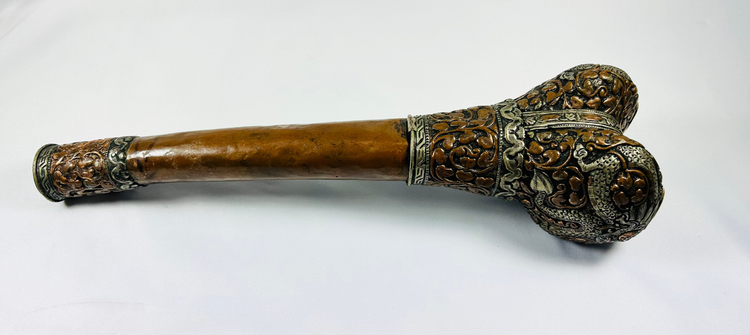 Antique Tibetan Kangling ritual trumpet crafted from human tibia with ornate silver and turquoise inlay, used in Buddhist chöd ceremonies – photographed on white background – Relic & Rarity