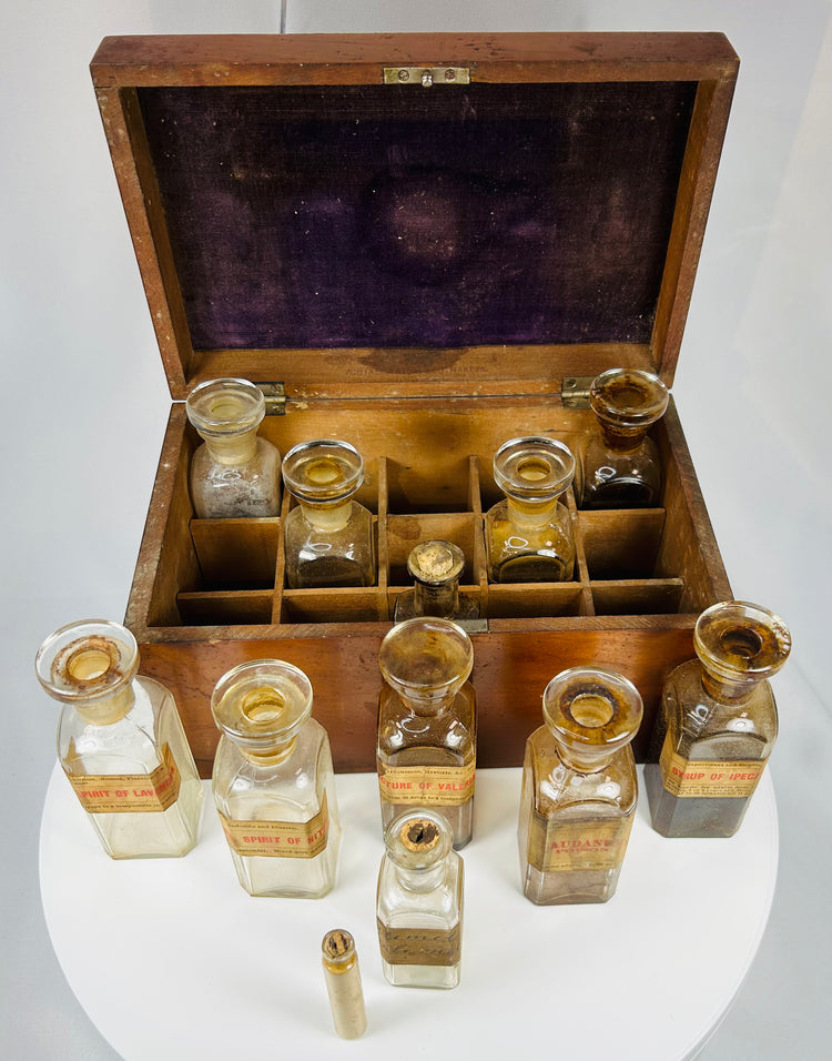 historic mahogany physician’s apothecary case from Virginia with medical bottles