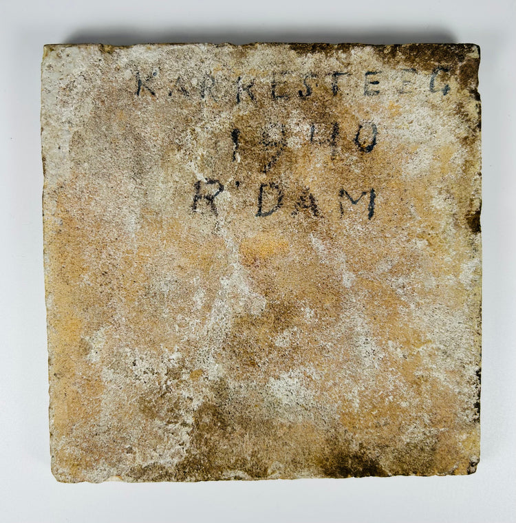 cobalt blue Delft tile showing mounted warrior scene