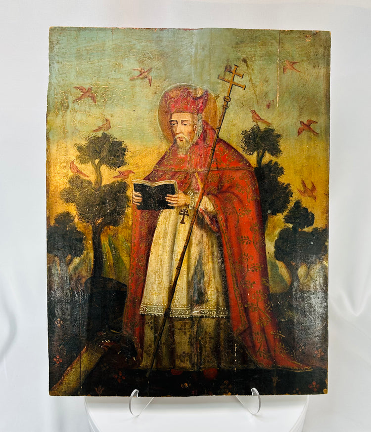 19th century Mexican devotional retablo panel depicting archbishop or saint