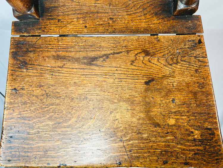 Early country made oak chair with tall splat back and hand turned legs