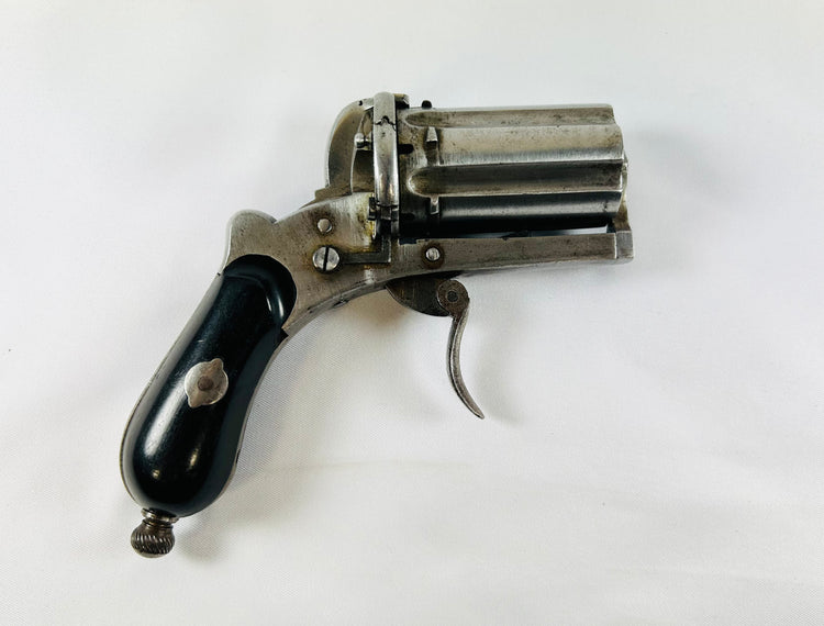 Collectible mid-19th century Meyers pinfire revolver, folding trigger, wood grips, double-action design