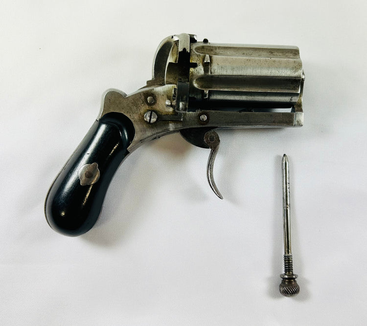 Historical 1860 Meyers Pepperbox Pinfire Revolver, left-side loading gate, Belgian proof-stamped