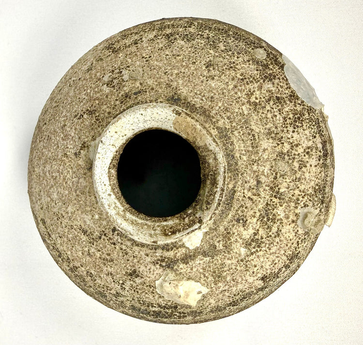 Ancient Ming Dynasty brown-glazed ceramic jarlet measuring approximately 5 inches tall, preserving its flared opening, traditional vessel shape, and archaeological marine patina.