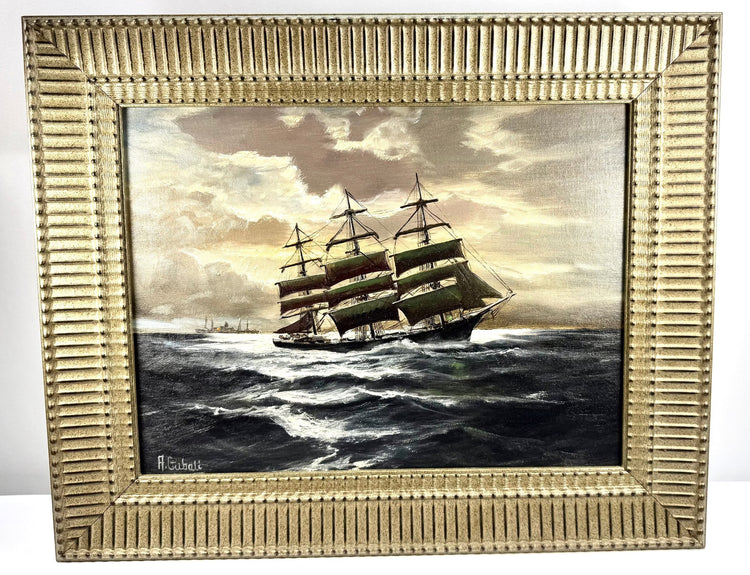 Original Alfred Gabali oil on canvas board painting titled Ships That Pass in the Night, circa 1958, depicting a maritime scene with ships at sea.