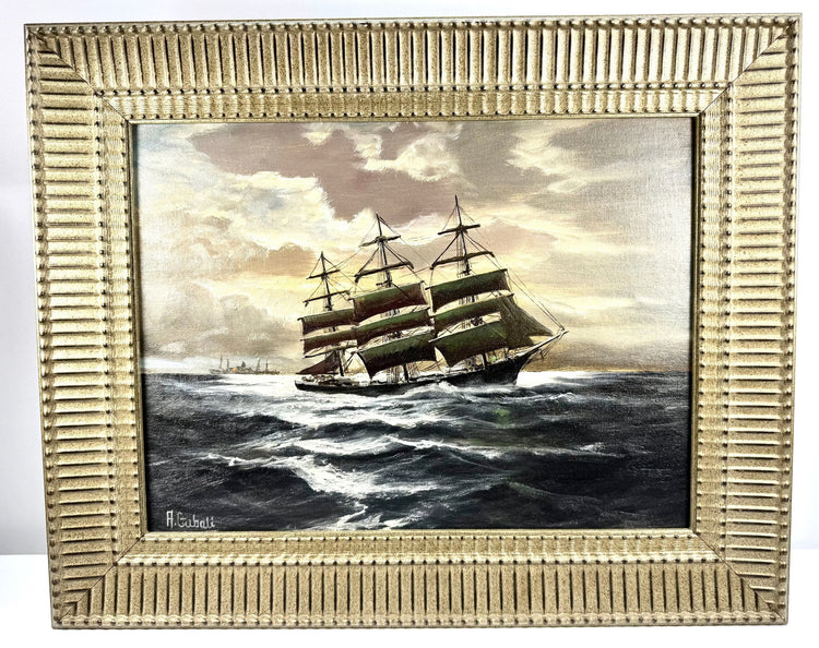 Original mid-century seascape painting by Alfred Gabali (1886–1963), featuring maritime imagery, subtle ocean tones, and textured oil brushwork.