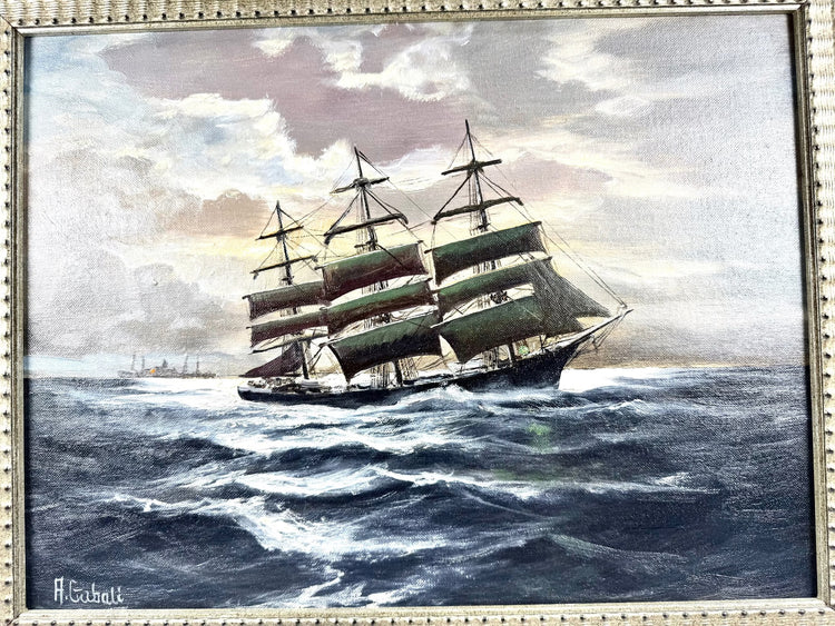Mid-20th-century maritime oil painting by German-American artist Alfred Gabali, featuring atmospheric ocean blues and expressive brushwork.