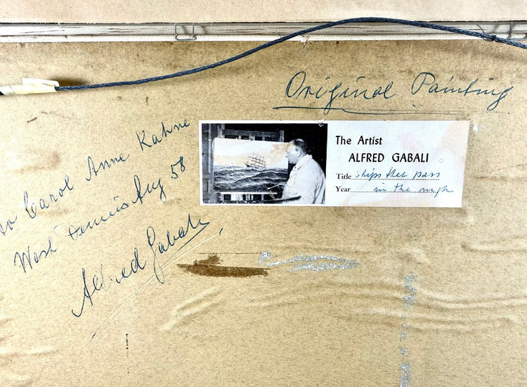 Reverse of Alfred Gabali’s Ships That Pass in the Night oil painting, preserving the artist’s original title label and historical identification details.