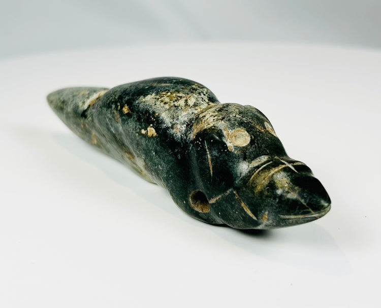 Pre-Columbian jade-type stone carving with perforation for suspension as amulet