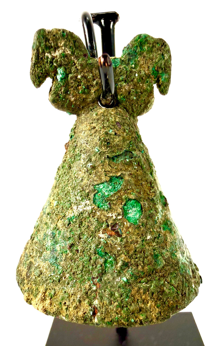 Ancient Parthian bronze pendant bell dating to the 3rd century BCE–3rd century CE, featuring a conical body and decorative horse-head protomes.
