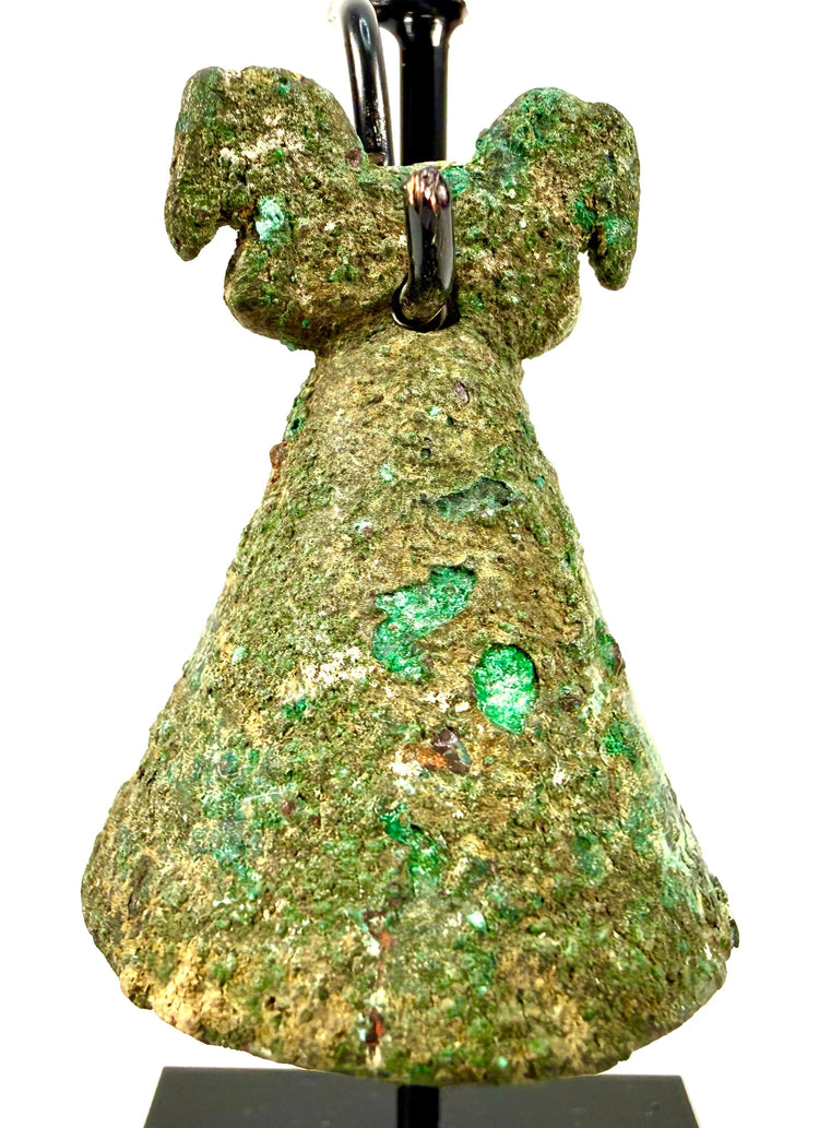 Parthian Period cast bronze bell from ancient Iran, displaying two sculpted horse heads flanking the suspension opening and a flared lower rim.