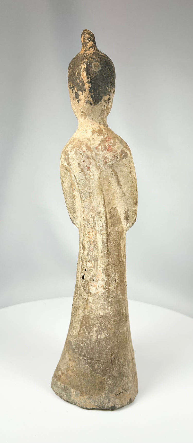 Vintage Chinese Tang style pottery figure with hollow construction and patina