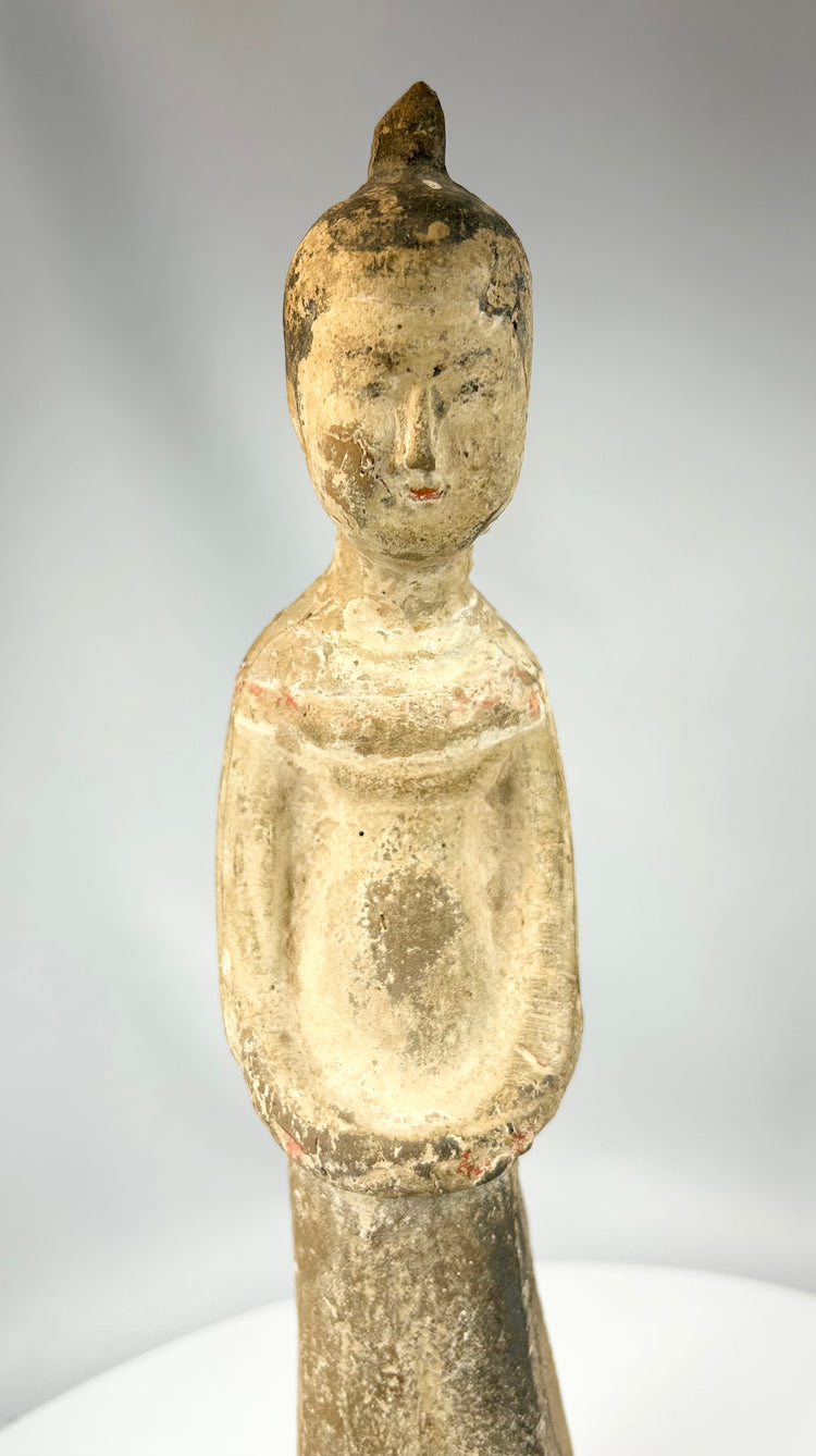 Antique Chinese earthenware standing attendant sculpture in Tang Dynasty style