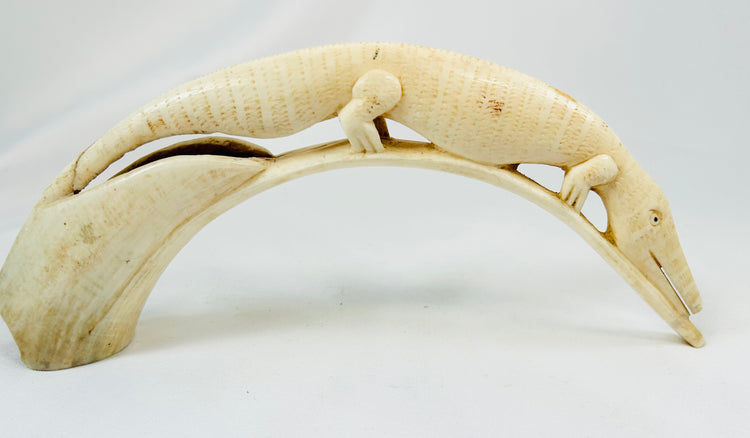 Side profile of a carved African hippopotamus tooth depicting a crocodile in relief, early 20th-century tribal ivory artwork showcasing fine craftsmanship and natural patina.