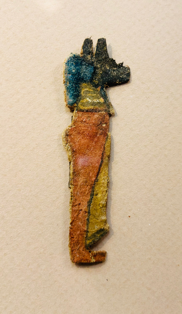 Egyptian linen cartonnage fragment with gesso and polychrome Anubis figure