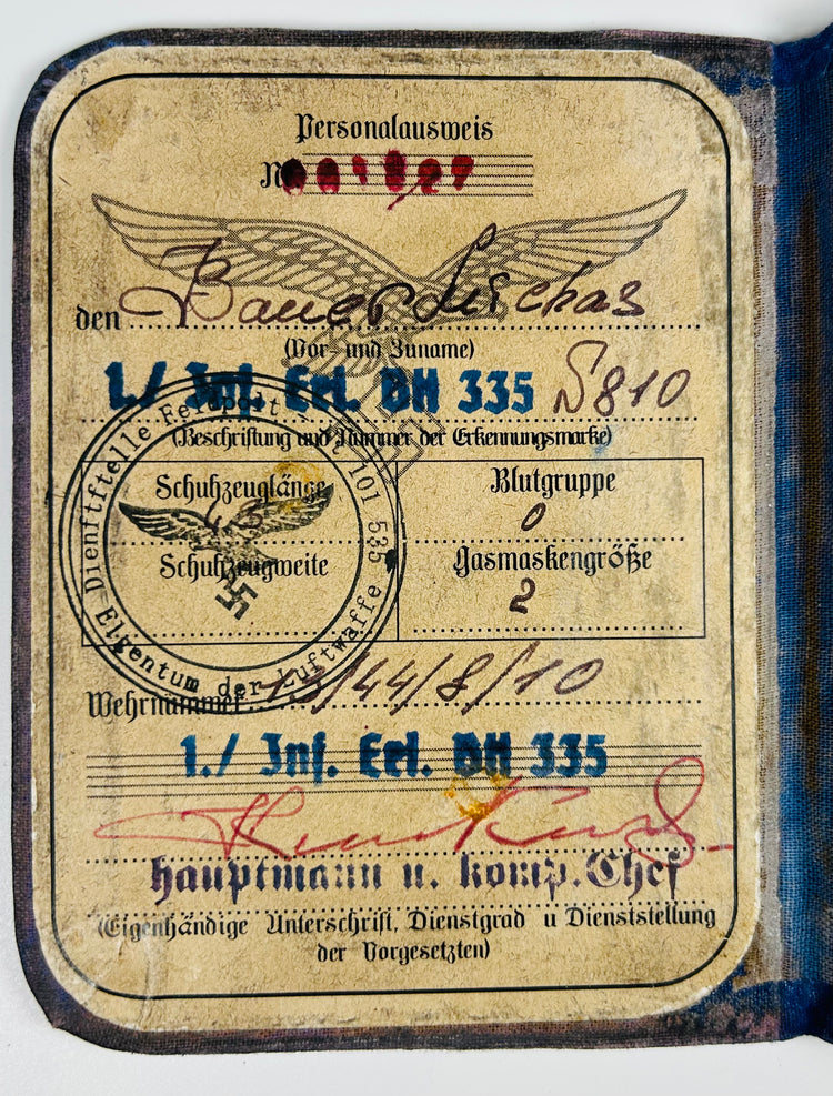 German Luftwaffe Soldbuch identification booklet with stamps and ink entries
